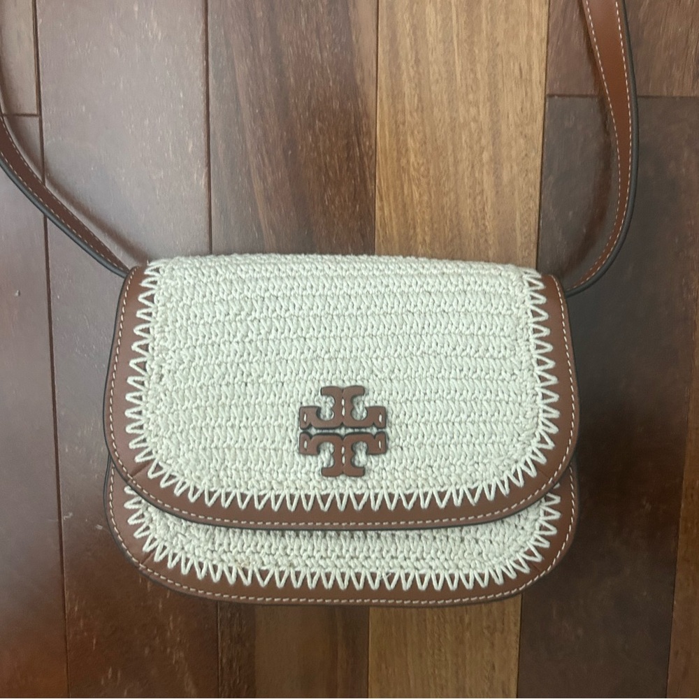 Tory Burch Woven Cream and Brown Crossbody Bag
